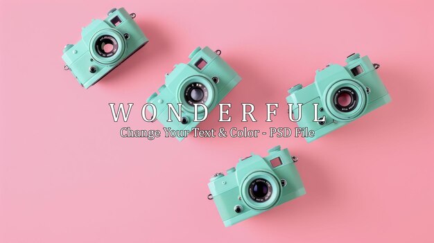 PSD four mint green vintage cameras lay on a pink background