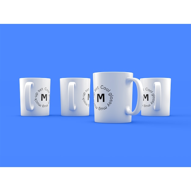 Four mugs on blue background mock up