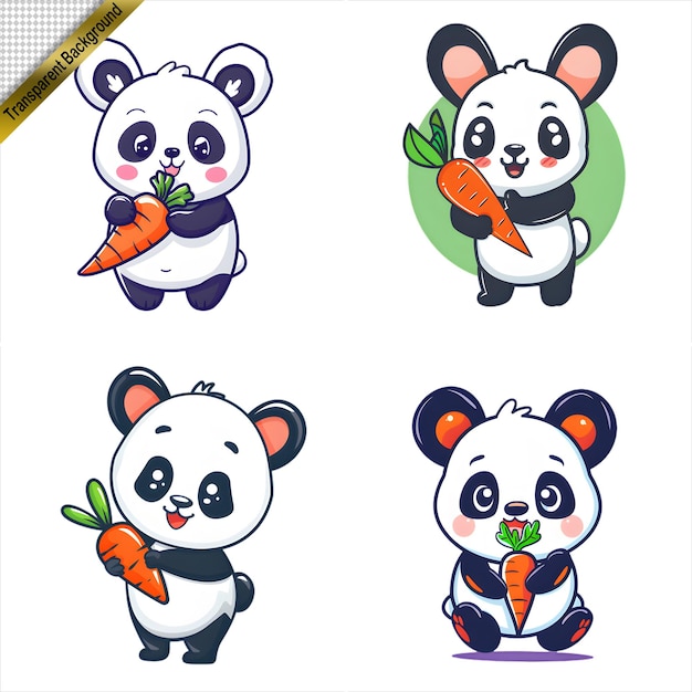 four pictures of pandas one of which has the word carrots on it