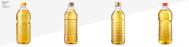 PSD four plastic bottles filled with cooking oil arranged on a transparent background each bottle has a distinctive cap and label showcasing variations in design and packaging