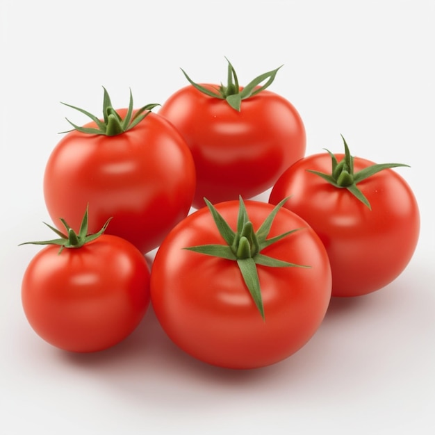 four red tomatoes are shown with a white background