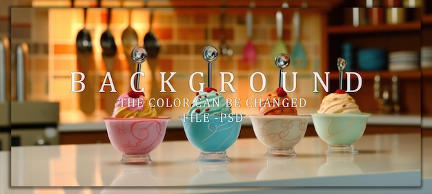 PSD four scoops of colorful ice cream in decorative bowls