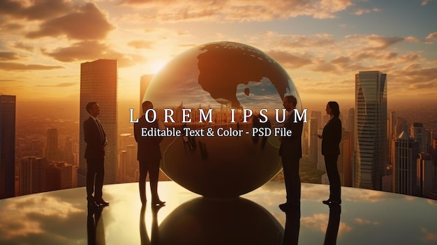 PSD four silhouetted business professionals two men and two women standing on a glossy earth globe