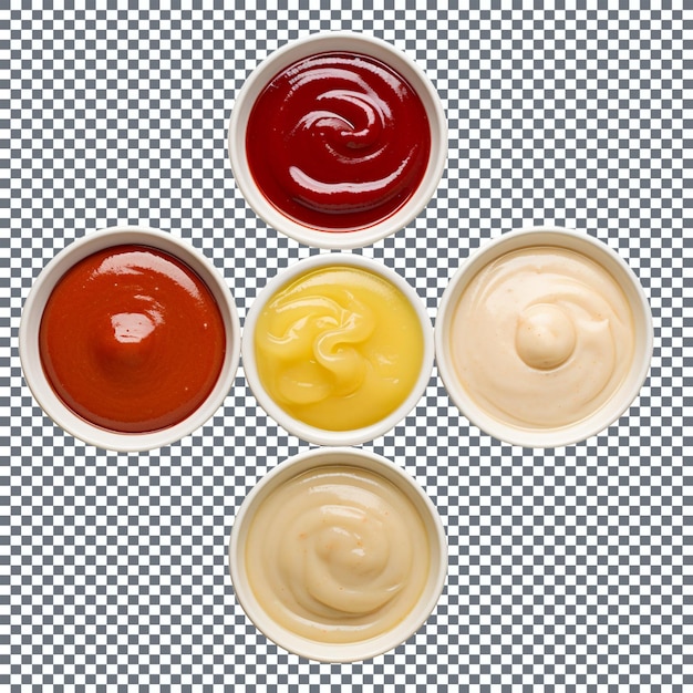 four small containers of different condiments