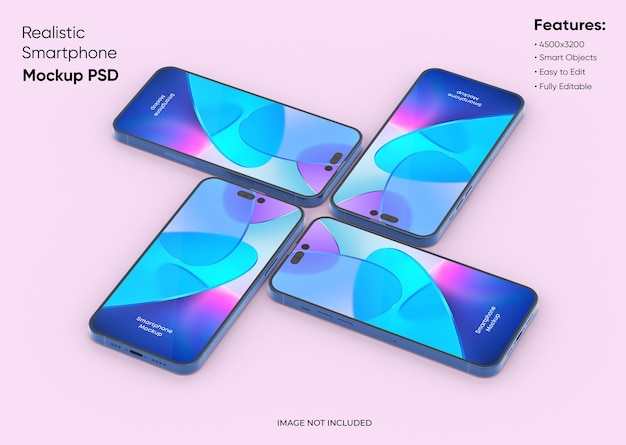 Four smartphones 14 pro max mockup for App and Website UI branding 2 Phones in front and back side 3D render