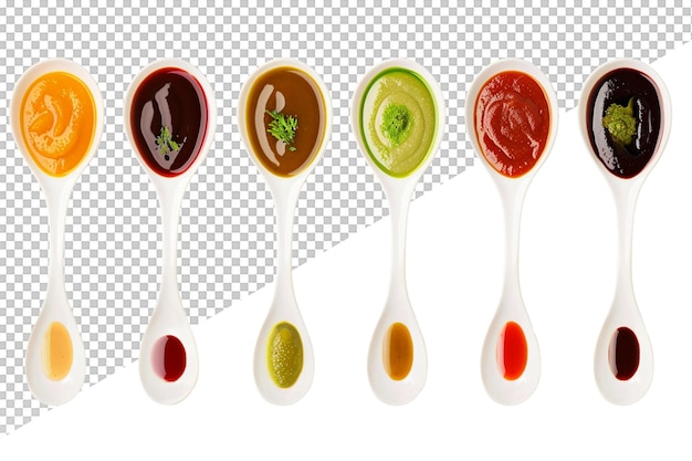 four spoons of different colors are shown on a transparent background