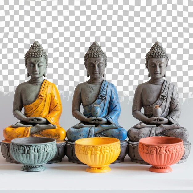 PSD four statues of buddha sit in front of a white background