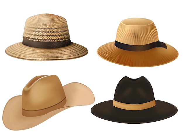 PSD four summer fashion hats in various styles isolated on white background