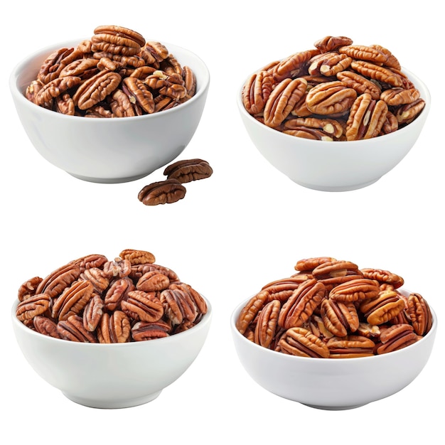 Four White Bowls Filled with Pecan Nuts