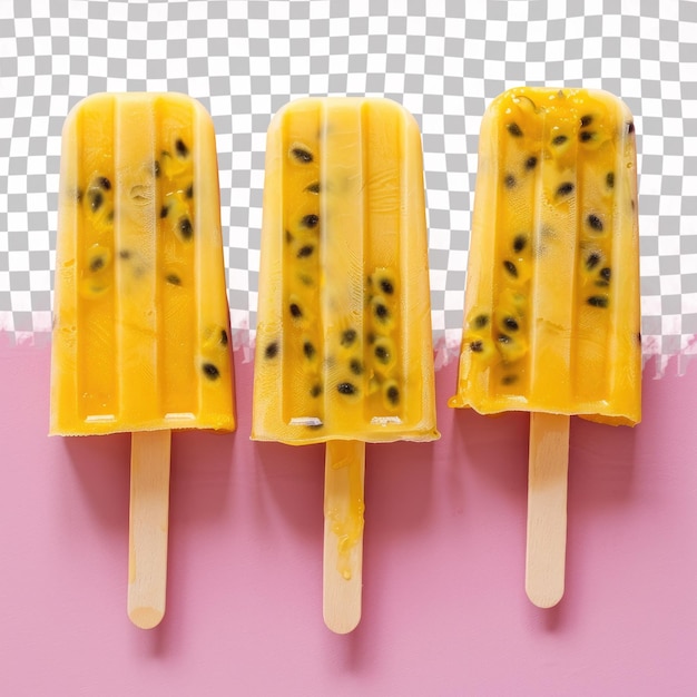 PSD four yellow ice cream pops are lined up on a pink surface