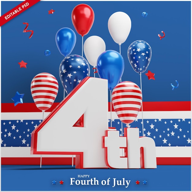 Fourth of july independence day of the usa balloon and stars 3d illustration