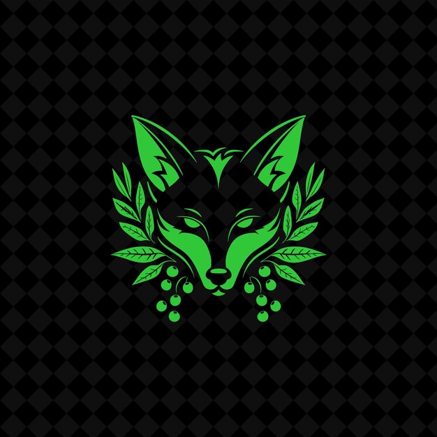 PSD a fox head with green leaves on a black background