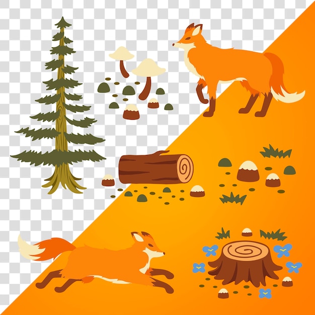 PSD fox png stickers fairytale forest illustration transparent background set