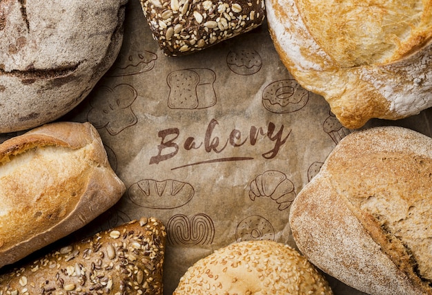 Frame of fresh bread on table