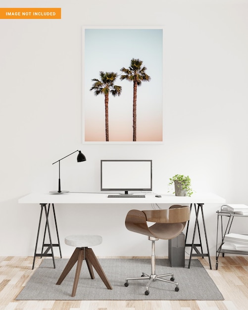 Frame hanging on working space mockup in 3D rendering