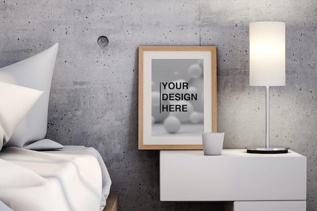 Frame and lamp on table near bed. 3d render