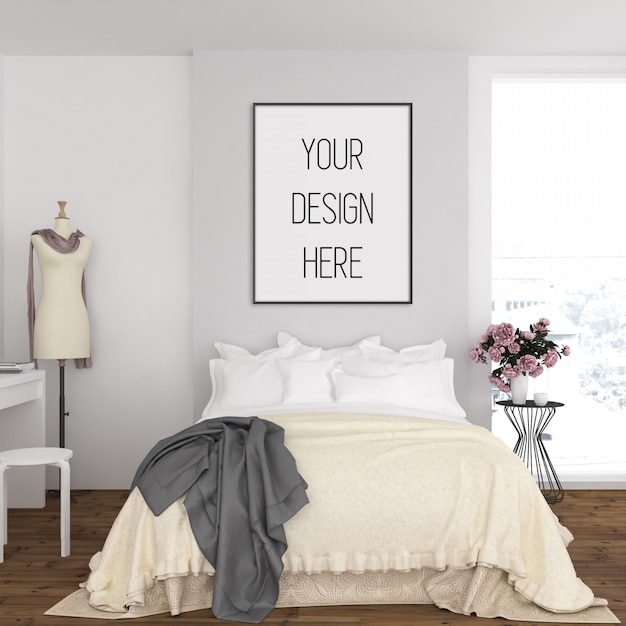 Frame mockup in bedroom with black vertical frame