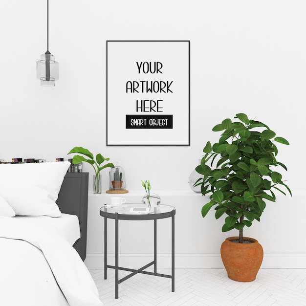 Frame mockup in bedroom with black vertical frame