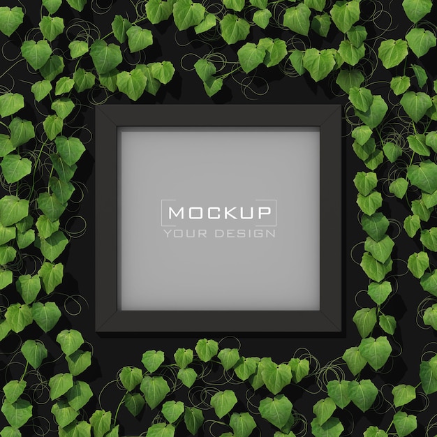 Frame mockup on dark gray wall with climbing green plant