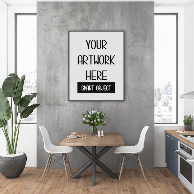 Frame mockup, kitchen room with black vertical frame, scandinavian interior