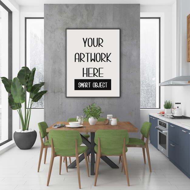 Frame mockup, kitchen room with black vertical frame, scandinavian interior