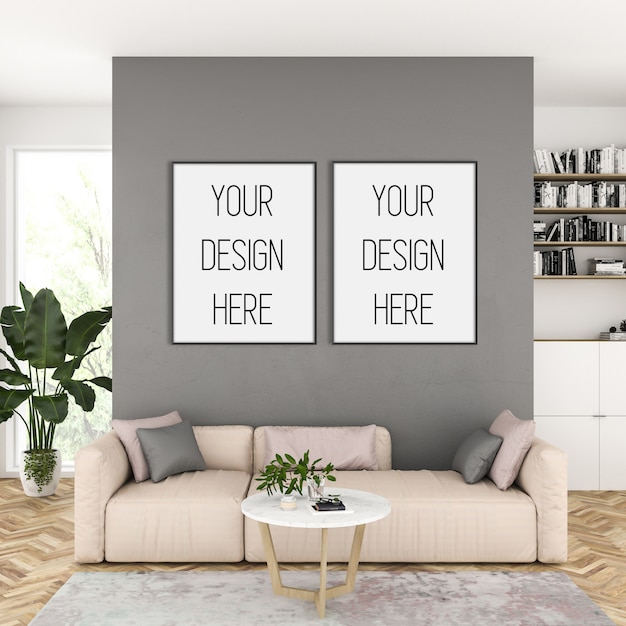 Frame mockup, living room with black verical frames, scandinavian interior