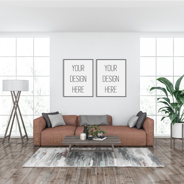 Frame mockup, living room with double black frames, scandinavian interior