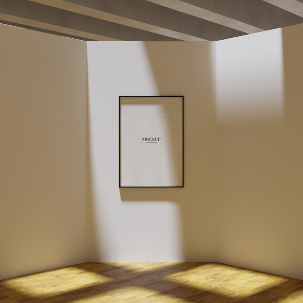 frame mockup poster on the corner of the art gallery room lit by sunlight Minimal design