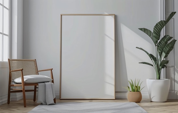 PSD frame mockup poster on the white wall beside the wooden chair with vase and plant decoration