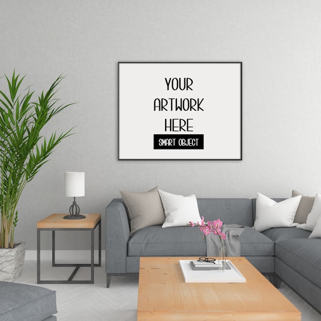 Frame mockup, room with black horizontal frame, scandinavian interior