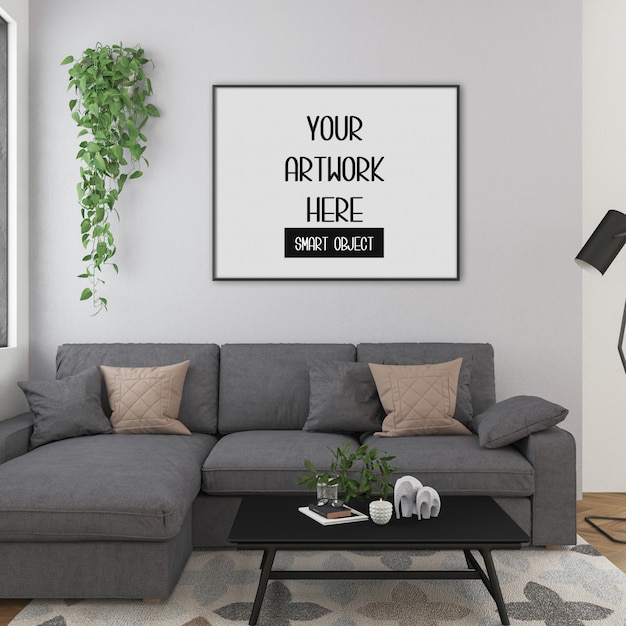 Frame mockup, room with black horizontal frame, scandinavian interior