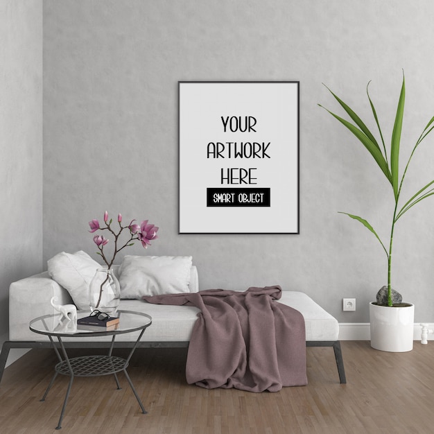 Frame mockup, room with black vertical frame, scandinavian interior