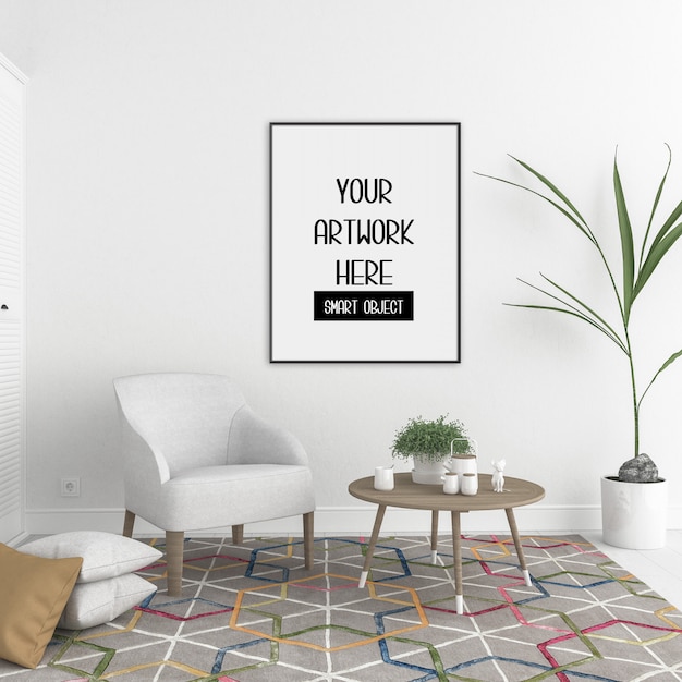 Frame mockup, room with black vertical frame, scandinavian interior