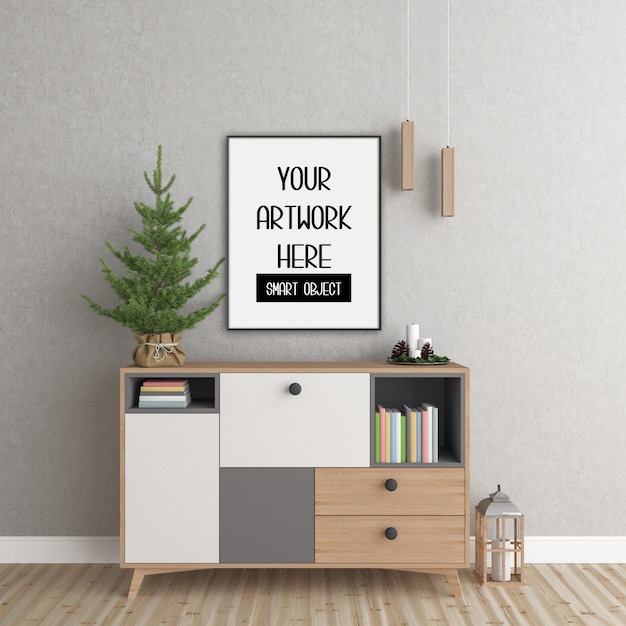 Frame mockup, room with black vertical frame, scandinavian interior