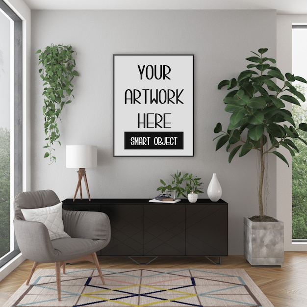 Frame mockup, room with black vertical frame, scandinavian interior