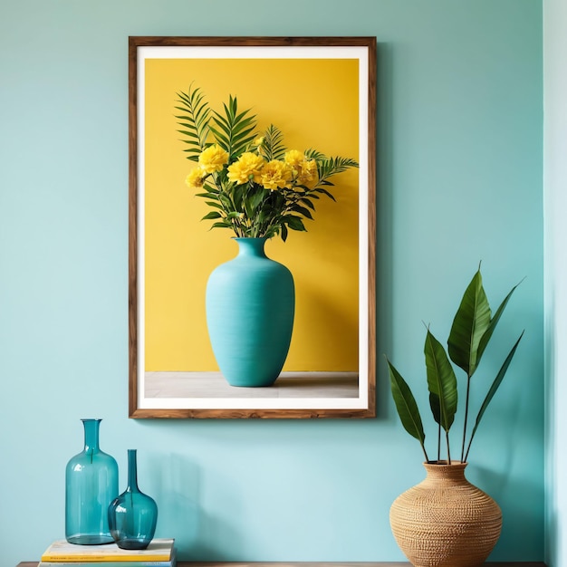 Frame mockup with a blue vase with yellow flowers and a plant in it