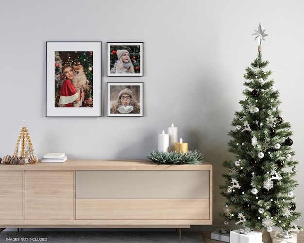 Frame mockup with christmas tree on wall