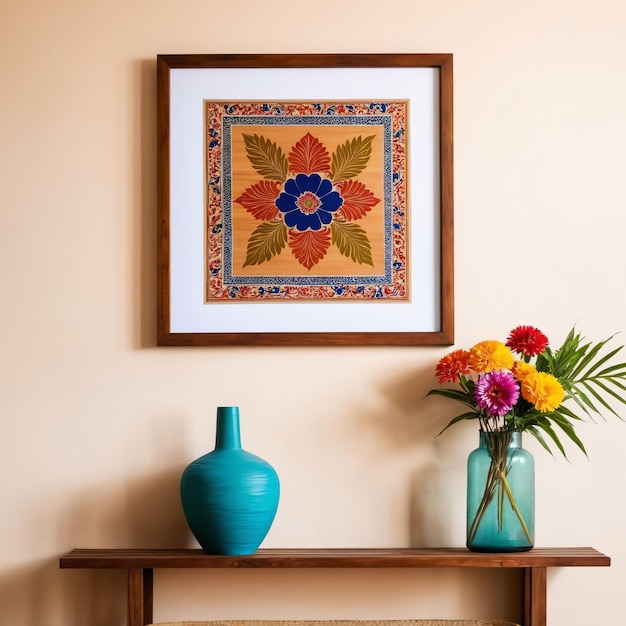 Frame mockup with a framed picture of flowers and a vase with a flower on it