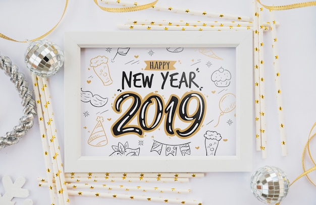 PSD frame mockup with new year decoration