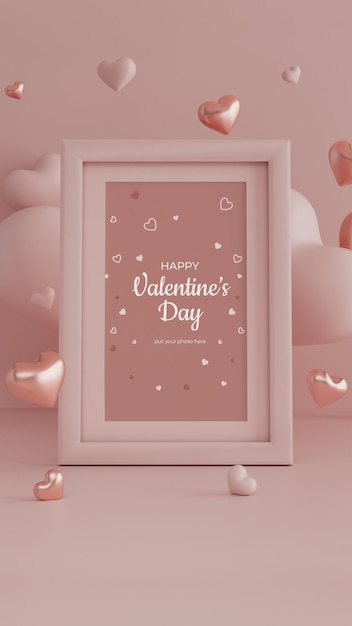 PSD frame photo card mockup for valentine's day concept with light pink and gold hearts