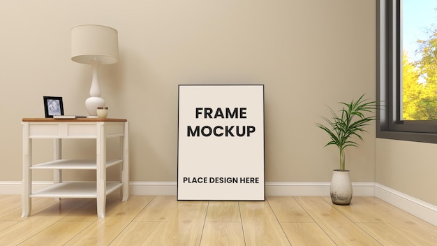 Frame poster mockup on floor with minimalist interior design