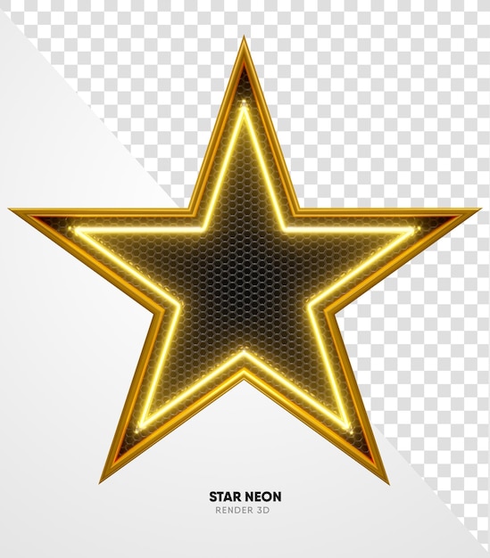 Frame star yellow with grid and neon texture in realistic 3d render with transparent background