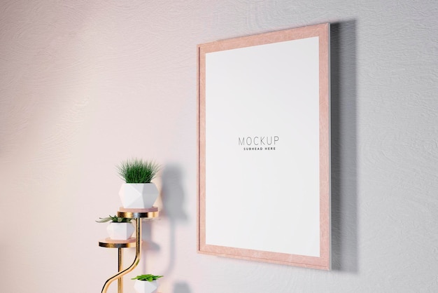 A frame on a wall with a plant on it that says mockup.