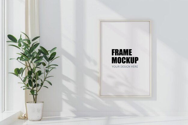 framed picture on a white wall with a plant in the corner