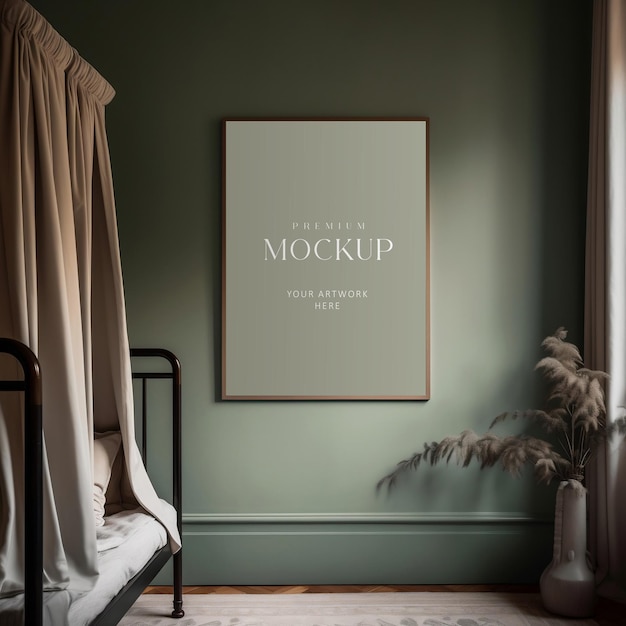 A framed poster mockup on a green wall in a cozy vintage style bedroom