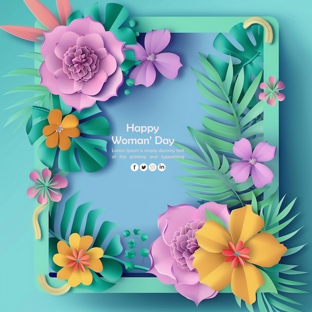 a framed poster for women day on a blue background with flowers and text happy women