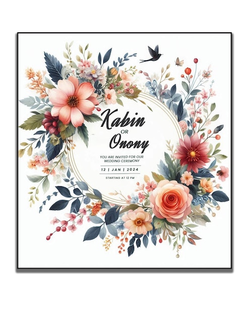 a framed print of a floral frame with a bird flying above it