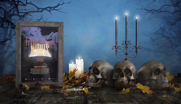 PSD frames horror poster with candles and skulls 