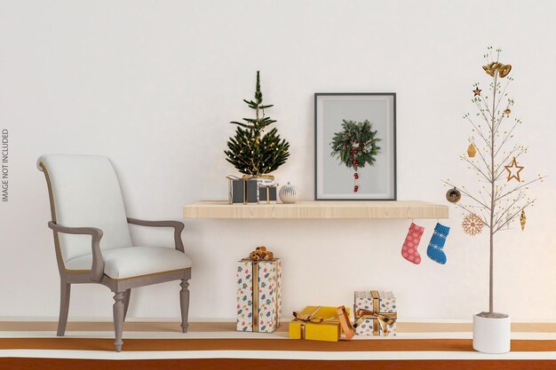 Frames mockup design on wall with christmas tree in 3d rendering