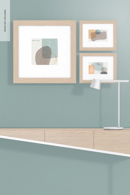 Frames with Irregular Wood Sideboard Mockup with Lamp